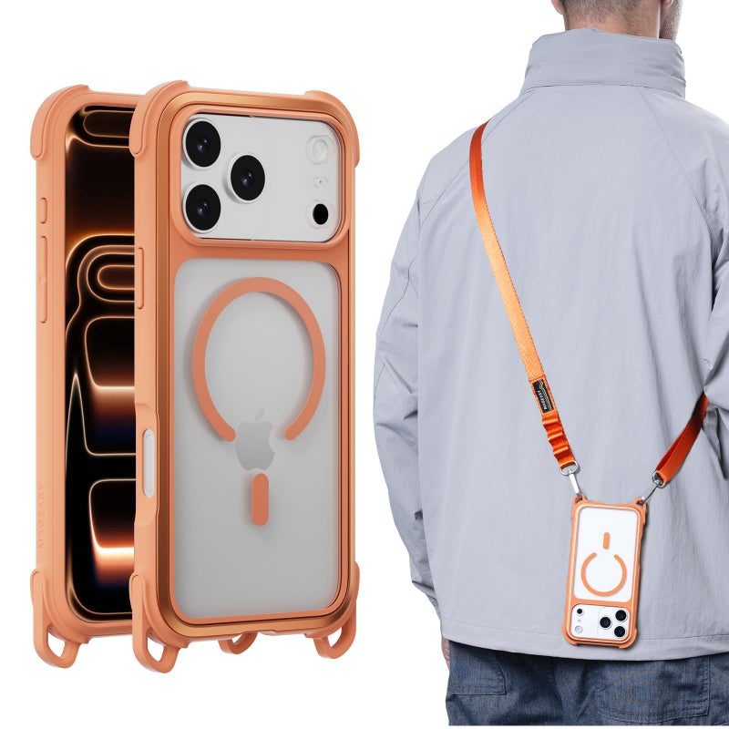 MAGEASY Compatible with iPhone 17 Pro Max 6.9" Case with Strap - 20ft Ultimate Drop Protection Compatible with MagSafe, Aluminum Frame | Odyssey Strap M (Coral) - Image 1