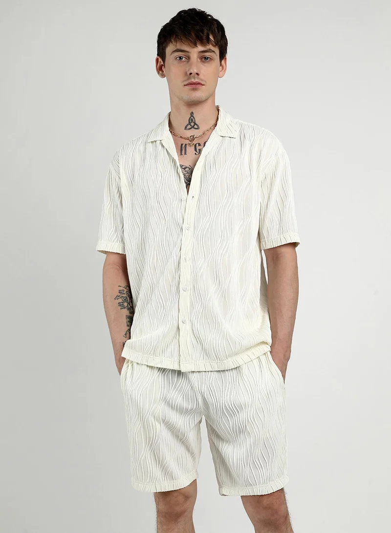 Campus Sutra Men's Ivory White Self-Design Wave Co-Ord Set For Casual Wear | Cuban Collar | Short Sleeve | Button Closure | Co-Ords Crafted With Comfort Fit For Everyday Wear