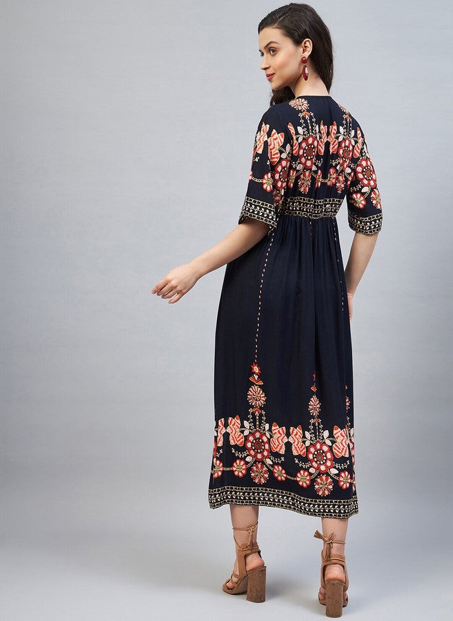 StyleStone فستان ميدي A-Line مزين بنقوش عرقية باللون الأزرق البحري من ستايل ستون - Image 4