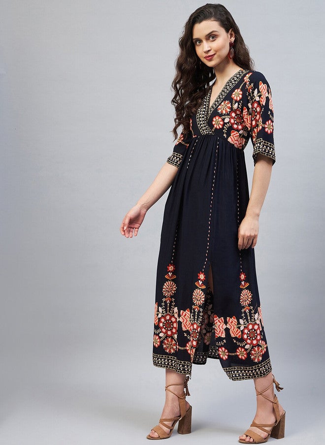 StyleStone فستان ميدي A-Line مزين بنقوش عرقية باللون الأزرق البحري من ستايل ستون - Image 3