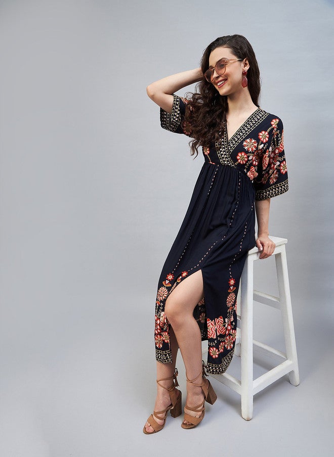 StyleStone فستان ميدي A-Line مزين بنقوش عرقية باللون الأزرق البحري من ستايل ستون - Image 5