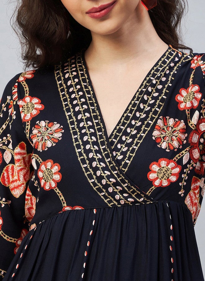 StyleStone فستان ميدي A-Line مزين بنقوش عرقية باللون الأزرق البحري من ستايل ستون - Image 2