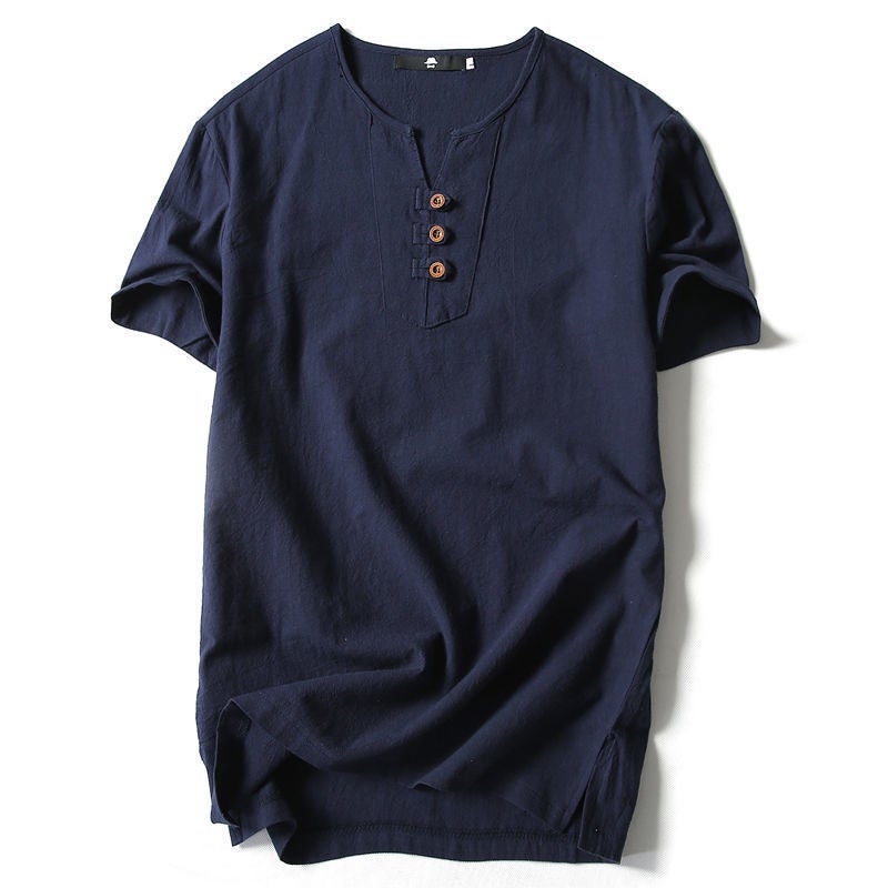 Men's Summer Plus Size Linen T-shirt Men's Thin Fat Loose Cotton Linen T-shirt Short Sleeve Breathable Sweat Absorbing Moisture - Image 1