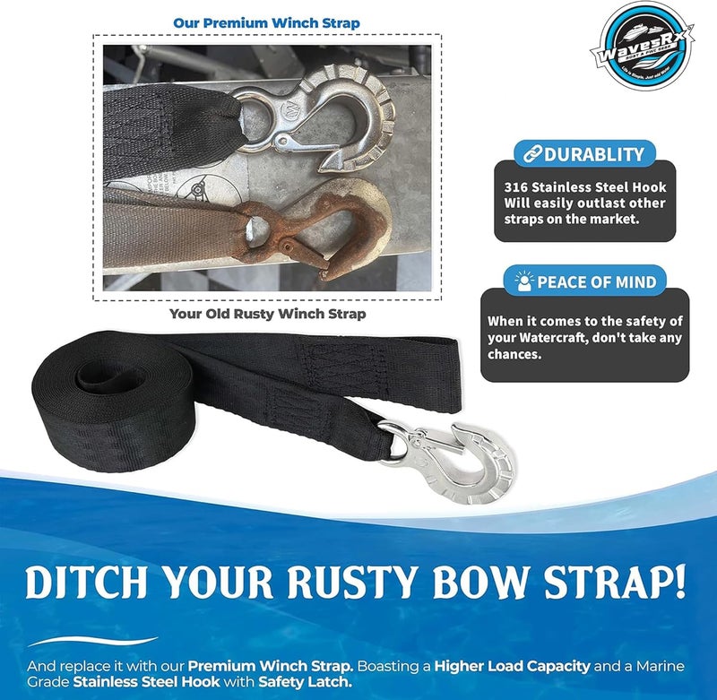 WavesRx 2" x 12' Jet Ski Trailer Winch Strap Replacement with Stainless Steel Hook & Quick Connect Bow Tow Loop - Image 2