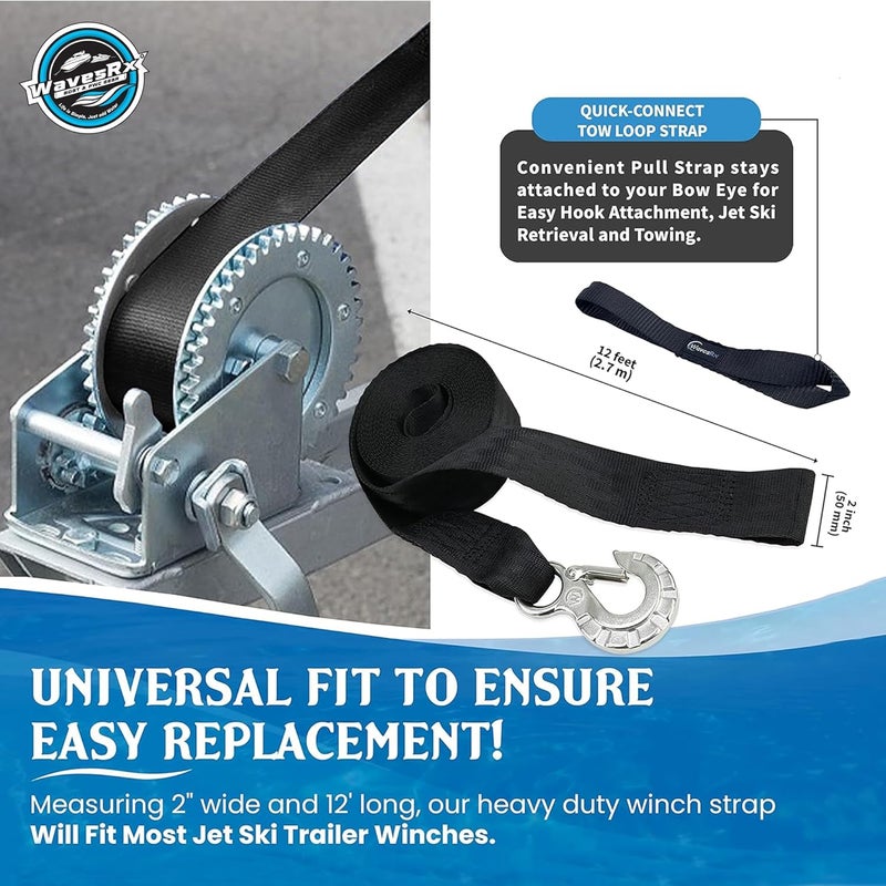 WavesRx 2" x 12' Jet Ski Trailer Winch Strap Replacement with Stainless Steel Hook & Quick Connect Bow Tow Loop - Image 5