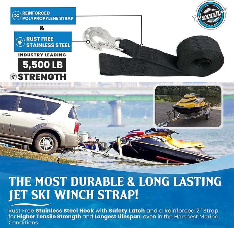 WavesRx 2" x 12' Jet Ski Trailer Winch Strap Replacement with Stainless Steel Hook & Quick Connect Bow Tow Loop - Image 3
