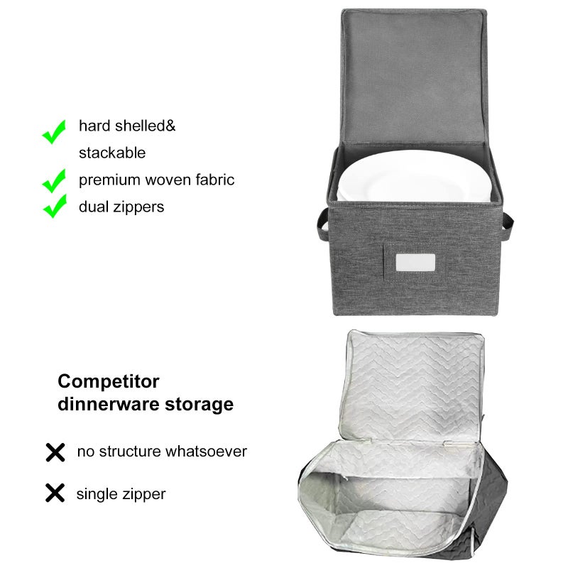popoly China Storage Containers Inside 10"" W x 8"" H  Salad Plate Storage Box for Dishes Storage with 24 Felt Dividers  Hold 24 Plates  Hard Shell and Stackable (2 Pack Grey) - Image 5