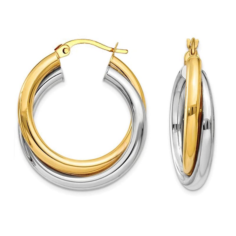 Lecalla Sterling Silver Hoop Earrings Jewelry Valentines Day Gifts 14K Gold Plated Two-Tone Intertwining Round Shape Click-Top Chunky Hoops Earring For Women - 28Mm - Image 1