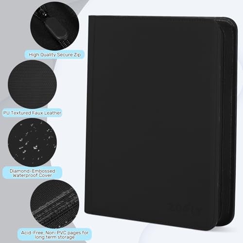 Zofly 1000+ Pockets Trading Card Binder, 16 Pockets Zipper Binder Card Album, 32 Pack Double-sided Side Loading Non-Ring Card Binder, Card Holder Folders for MTG, TCG, Game Cards & Sports Cards, Black - Image 4