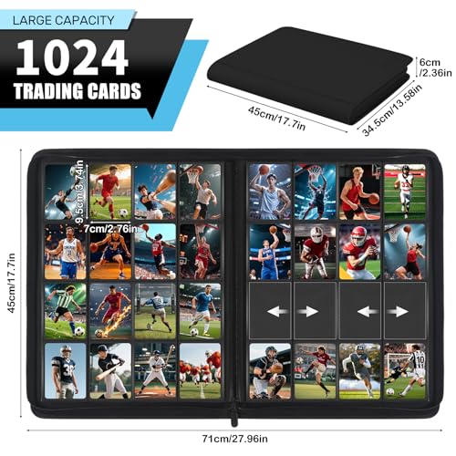 Zofly 1000+ Pockets Trading Card Binder, 16 Pockets Zipper Binder Card Album, 32 Pack Double-sided Side Loading Non-Ring Card Binder, Card Holder Folders for MTG, TCG, Game Cards & Sports Cards, Black - Image 2