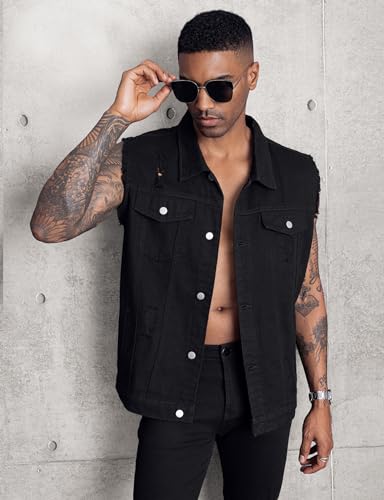 LONGBIDA Men's Denim Vest Sleeveless Ripped Slim fit Distressed Jean Jacket(Black0721,XL) - Image 5