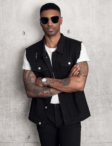 LONGBIDA Men's Denim Vest Sleeveless Ripped Slim fit Distressed Jean Jacket(Black0721,XL) - Image 2