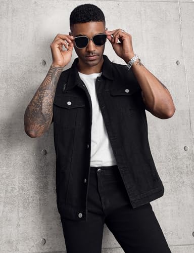 LONGBIDA Men's Denim Vest Sleeveless Ripped Slim fit Distressed Jean Jacket(Black0721,XL) - Image 3