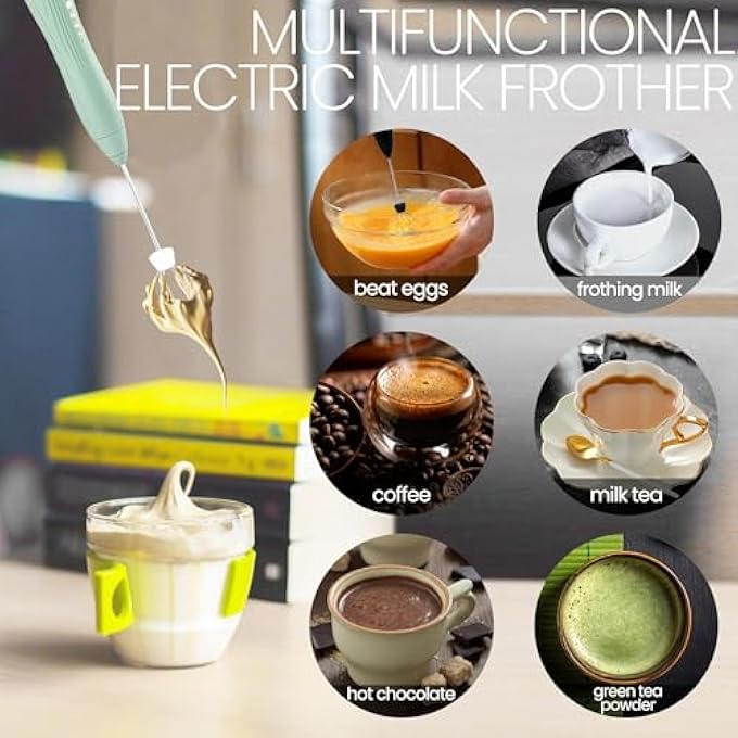 NALACAL خلاط رغوة الحليب المحمول بمنفذ USB-C، خلاط كهربائي قابل لإعادة الشحن، 3 سرعات قابلة للتعديل، خلاط قهوة صغير باللون الأخضر لللاتيه والكابتشينو والبيض والشوكولاتة الساخنة مع رأسين وحامل واحد - Image 5