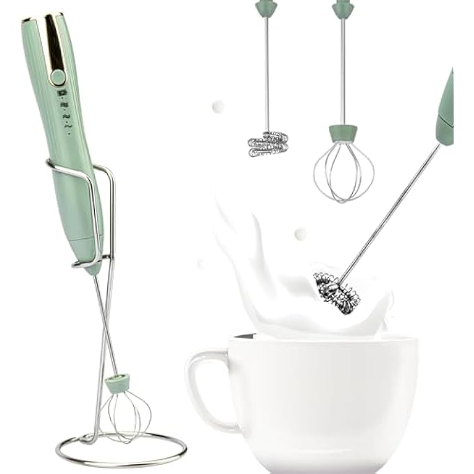 NALACAL خلاط رغوة الحليب المحمول بمنفذ USB-C، خلاط كهربائي قابل لإعادة الشحن، 3 سرعات قابلة للتعديل، خلاط قهوة صغير باللون الأخضر لللاتيه والكابتشينو والبيض والشوكولاتة الساخنة مع رأسين وحامل واحد - Image 2