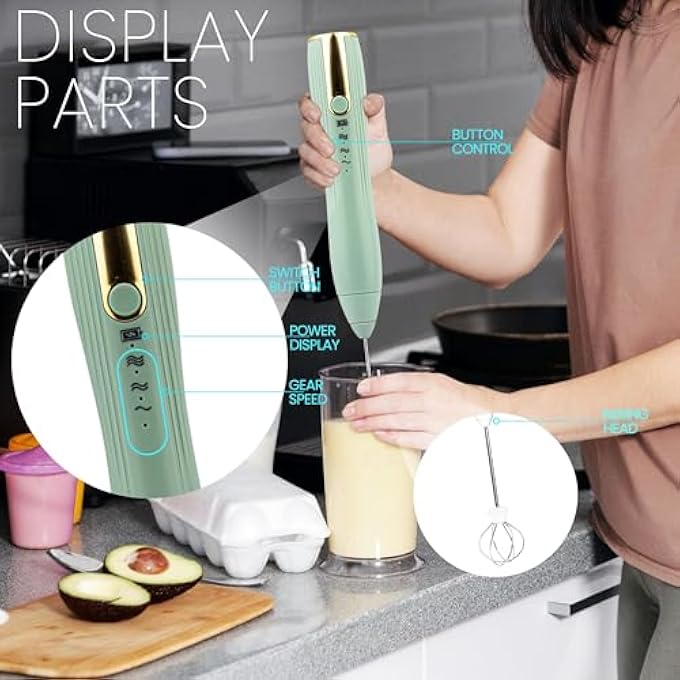 NALACAL خلاط رغوة الحليب المحمول بمنفذ USB-C، خلاط كهربائي قابل لإعادة الشحن، 3 سرعات قابلة للتعديل، خلاط قهوة صغير باللون الأخضر لللاتيه والكابتشينو والبيض والشوكولاتة الساخنة مع رأسين وحامل واحد - Image 4
