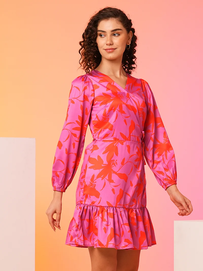 globus Globus Women Pink Floral Print Puff Sleeves Satin Wrap Party Dress