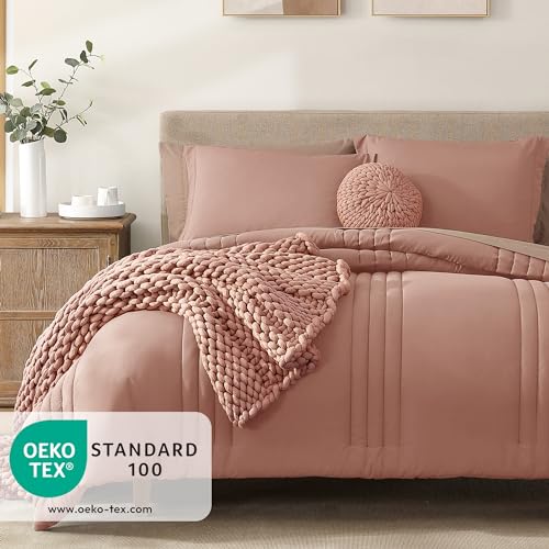 Monbix Queen Comforter Set - 7 Pieces Clay Pink Bed in a Bag Queen Bedding Sets with Comforters, All Seasons Down Alternative Comforter Bed Set with Sheets, Pillowcases & Shams - Image 3