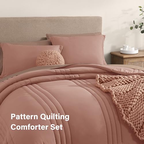 Monbix Queen Comforter Set - 7 Pieces Clay Pink Bed in a Bag Queen Bedding Sets with Comforters, All Seasons Down Alternative Comforter Bed Set with Sheets, Pillowcases & Shams - Image 4