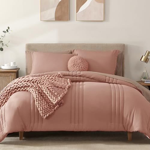 Monbix Queen Comforter Set - 7 Pieces Clay Pink Bed in a Bag Queen Bedding Sets with Comforters, All Seasons Down Alternative Comforter Bed Set with Sheets, Pillowcases & Shams - Image 1