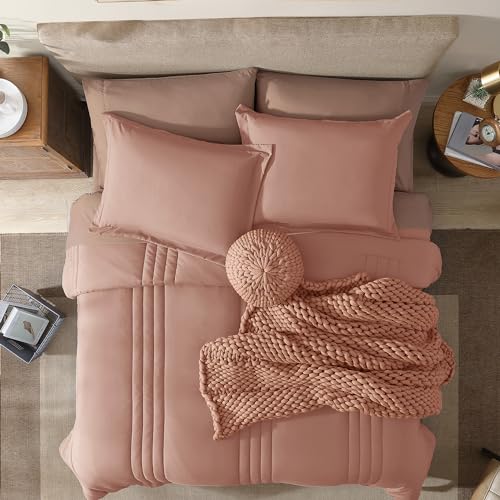 Monbix Queen Comforter Set - 7 Pieces Clay Pink Bed in a Bag Queen Bedding Sets with Comforters, All Seasons Down Alternative Comforter Bed Set with Sheets, Pillowcases & Shams - Image 2