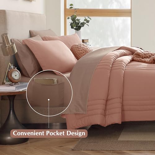Monbix Queen Comforter Set - 7 Pieces Clay Pink Bed in a Bag Queen Bedding Sets with Comforters, All Seasons Down Alternative Comforter Bed Set with Sheets, Pillowcases & Shams - Image 5