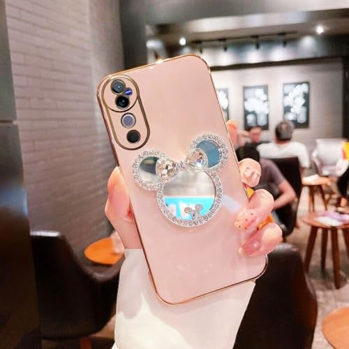 KC Back Cover for Vivo V40 5G / Vivo V40 Pro 5G - Round Bunny Mirror Electroplated Soft Silicone New Camera Protection Case - Pink - Image 1