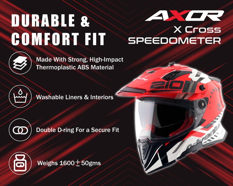 Axor X-Cross Speedometer ISI ECE and DOT Certified Premium Off-Road Full Face Helmet with Pinlock Fitted Dual Visors and Stylish Peak-White Red-L - Image 3