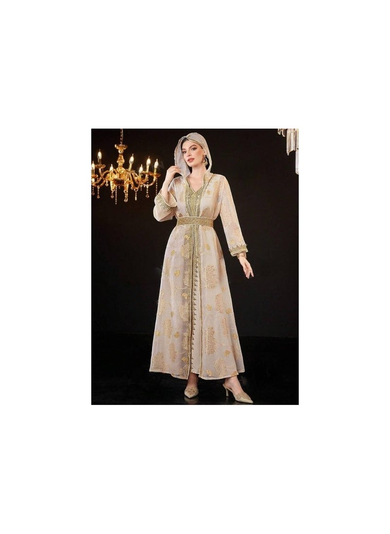 Shein SHEIN Najma Women's Flower Printed Lantern Sleeve Hooded Traditional Full Length Turkish Suit, Evening Moroccan Kaftan  - Image 1