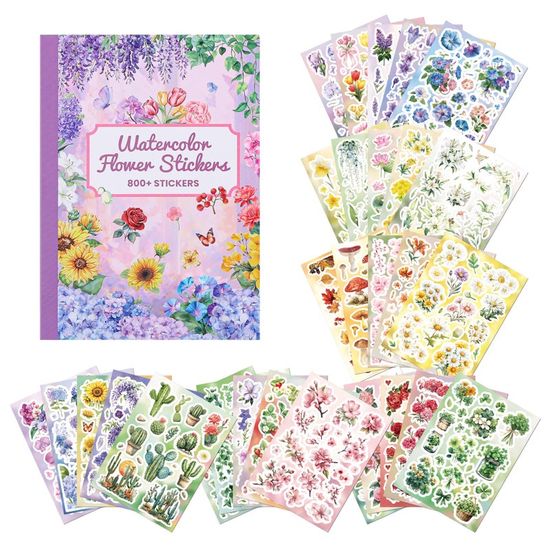 emmoolife 800+ PCS Floral Sticker Book for Journaling Supplies, Leaf Flower Watercolor Botanical Stickers for DIY Craft Scrapbooking Aesthetic Room Decor Junk Journal Bullet Journals Collage - Image 1