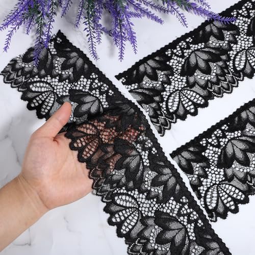 Gtziqa 5 Yards Black Lace Trim, Elastic Vintage Lace Fabric Applique Ribbon Floral Stretchy Embroidered Sewing Edge for Wedding Dress, Bridal Decorations, Sewing Crafts DIY Projects (4 Inches Wide) - Image 2