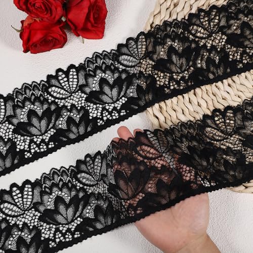 Gtziqa 5 Yards Black Lace Trim, Elastic Vintage Lace Fabric Applique Ribbon Floral Stretchy Embroidered Sewing Edge for Wedding Dress, Bridal Decorations, Sewing Crafts DIY Projects (4 Inches Wide) - Image 1