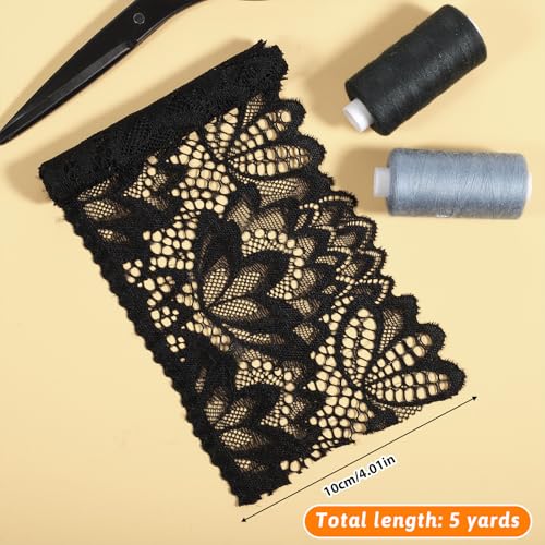 Gtziqa 5 Yards Black Lace Trim, Elastic Vintage Lace Fabric Applique Ribbon Floral Stretchy Embroidered Sewing Edge for Wedding Dress, Bridal Decorations, Sewing Crafts DIY Projects (4 Inches Wide) - Image 5