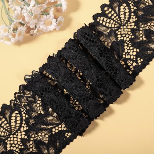 Gtziqa 5 Yards Black Lace Trim, Elastic Vintage Lace Fabric Applique Ribbon Floral Stretchy Embroidered Sewing Edge for Wedding Dress, Bridal Decorations, Sewing Crafts DIY Projects (4 Inches Wide) - Image 3