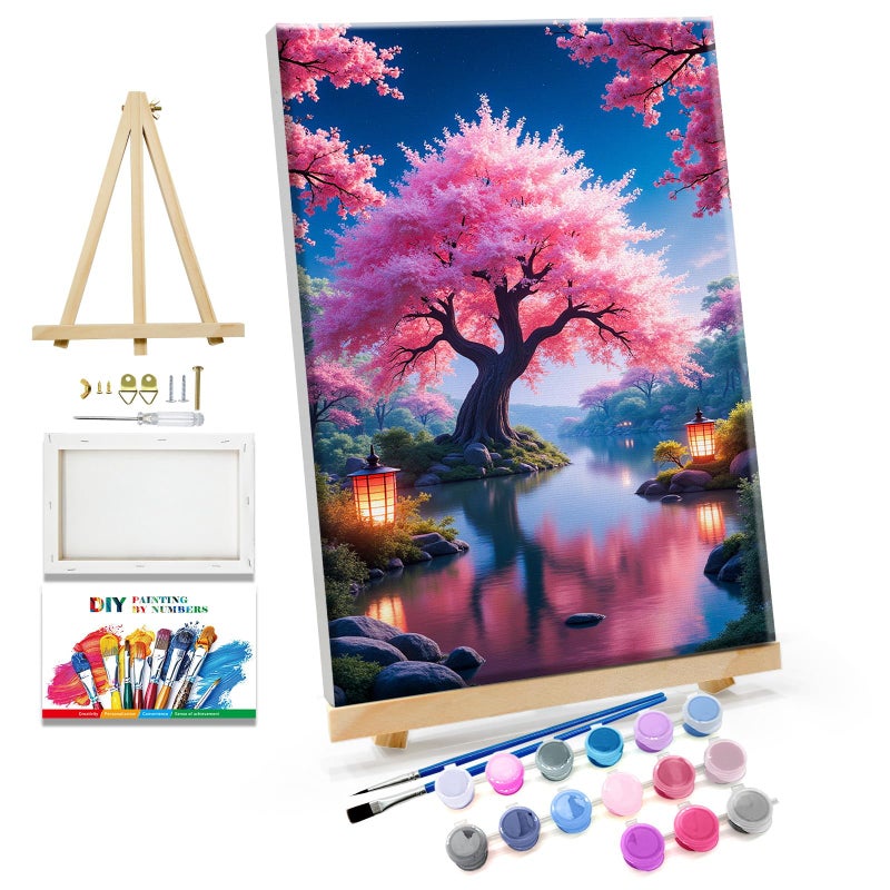 JOOZ Paint by Numbers Kit for Adults with Easel Cherry Blossom Tree Paint by Number with Frame Lake Scenery Adult Paint by Number Kits Oil Painting by Numbers for Gift Home Wall Decor 8x12 Inch - Image 1