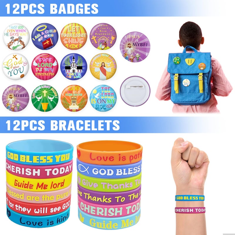 Tazimi 122 Pcs Christian Bible Party Favors Jesus Party Favors Cross Goodie Bags With Stickers Rubber Bracelets Button Pins And Bags For Christian Party Supplies Decorations - Image 4