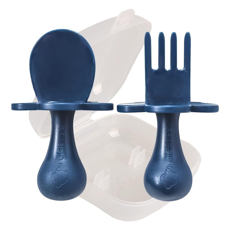 Grabease Baby Feeding Utensils Set - Infant and Baby Fork and Spoon for Ages 1-11 Months, BPAs and Phthalate-Free Cutlery, Plastic, 1 Set, Navy - Image 1