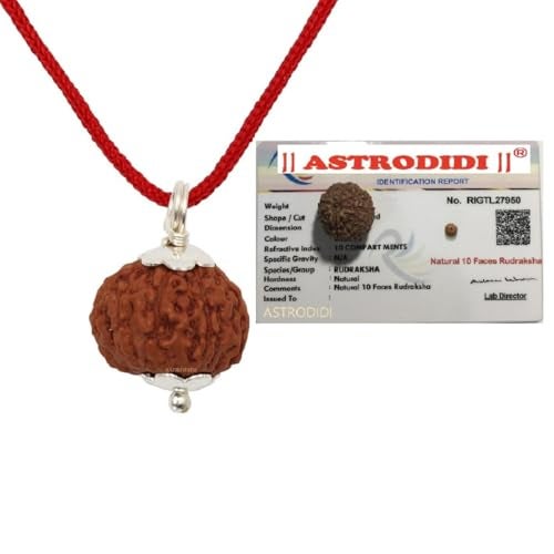 ASTRODIDI 10 Mukhi Rudraksha Original Certified Java (15-16 mm) Ten Face Small Size Silver Coated Pendant with Lab Report | Astrological Benefits | Unisex Design for Men & Women - Image 1