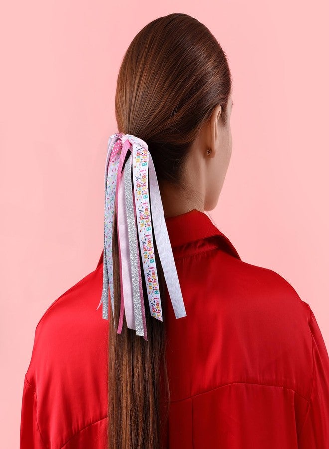 KCHIES 8.7-Inch Happy Birthday Ponytail Hair Ribbon Streamer Glitter Ribbon Bow Pony Holder Elastic Hair Tie Band for Women Girls Birthday Party Dress outfit Pigtail Decor Accessory Gift - Image 4