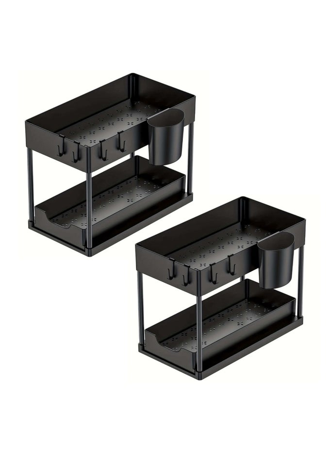 2 PACK 2 TIER UNDER SINK SHELF ORGANIZER STORAGE PULL OUT SLIDING DRAWER BASKET, MULTI-PURPOSE KITCHEN BATHROOM UNDER RACK CABINET, FOR TABLETOP LAUNDRY COSMETICS (2 ORGANIZER, 8 HOOKS, 2 CUPS)