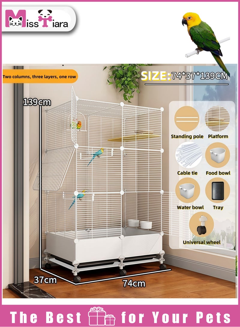 MissTiara Bird Large Cage for Parakeets, Parrotlets, Cockatiels, Budgie Finch Lovebird Canary Pet Bird,Splash-proof food, Easy to install and clean，Accessories included Large space multiple birds fly freely 74*37*139cm White - Image 2
