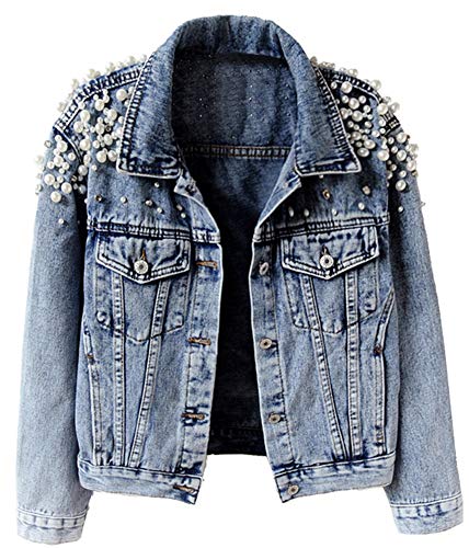 Kedera Women's Jean Jacket Embroidered Rivet Pearl Short Denim Jacket Coat - Image 1