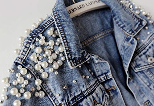 Kedera Women's Jean Jacket Embroidered Rivet Pearl Short Denim Jacket Coat - Image 5