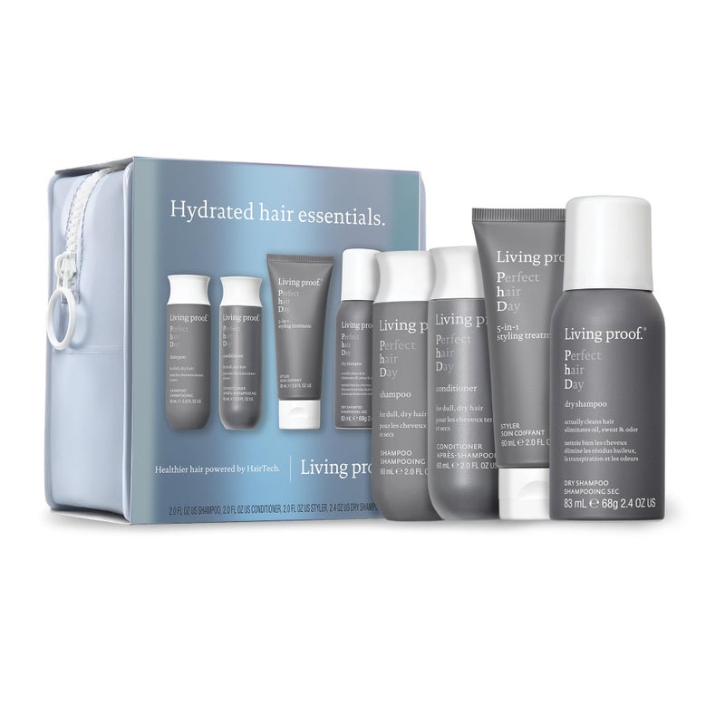 Living Proof Hydrated Hair Essentials Kit Includes Travel Size Perfect hair Day Shampoo Conditioner 5in1 Styling and Dry Shampoo 74 value