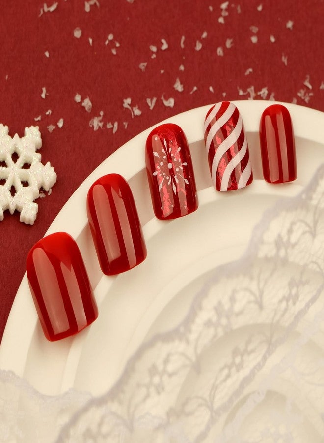 OCOUYVD Christmas Press on Nails Short Red Square Shaped Fake Nails Glossy False Nails with Snowflake Candy Stripe Design Full Cover Acrylic False Nails Winter Christmas Glue on Nails for Women 24 Pcs - Image 2