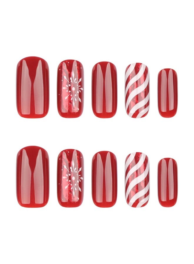 OCOUYVD Christmas Press on Nails Short Red Square Shaped Fake Nails Glossy False Nails with Snowflake Candy Stripe Design Full Cover Acrylic False Nails Winter Christmas Glue on Nails for Women 24 Pcs - Image 5