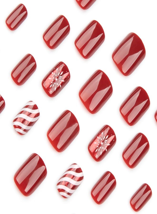 OCOUYVD Christmas Press on Nails Short Red Square Shaped Fake Nails Glossy False Nails with Snowflake Candy Stripe Design Full Cover Acrylic False Nails Winter Christmas Glue on Nails for Women 24 Pcs - Image 3