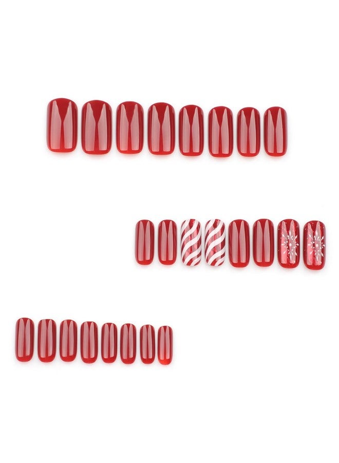 OCOUYVD Christmas Press on Nails Short Red Square Shaped Fake Nails Glossy False Nails with Snowflake Candy Stripe Design Full Cover Acrylic False Nails Winter Christmas Glue on Nails for Women 24 Pcs - Image 4