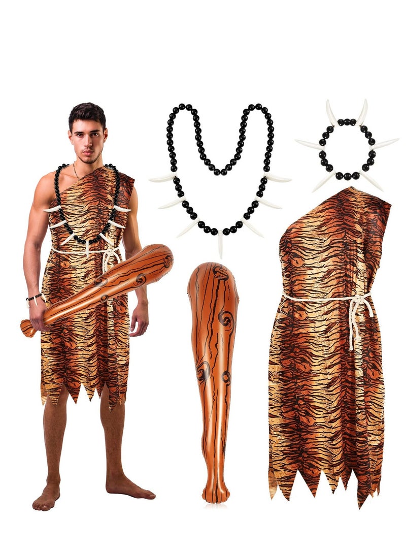 Men's Jungle Man Costume, Costume Jungle Necklace Tooth Bone Bracelet Inflatable Cave Bat Prehistoric Caveman Accessories for 4 Pcs - Image 1