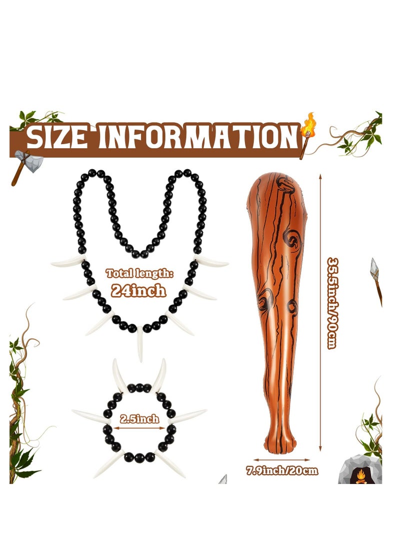 Men's Jungle Man Costume, Costume Jungle Necklace Tooth Bone Bracelet Inflatable Cave Bat Prehistoric Caveman Accessories for 4 Pcs - Image 2